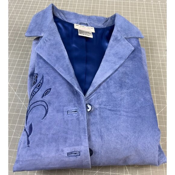 Victor COSTA "Occasion" Women's Leather Jacket Sz. M Embroidered Cut Out BLUE - Picture 3 of 11